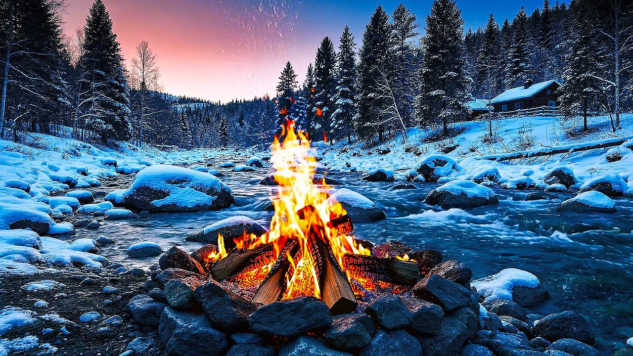 Cloudy Afternoon in a Winter Forest Cabin | Crackling Campfire by the River for Relaxation | 4K