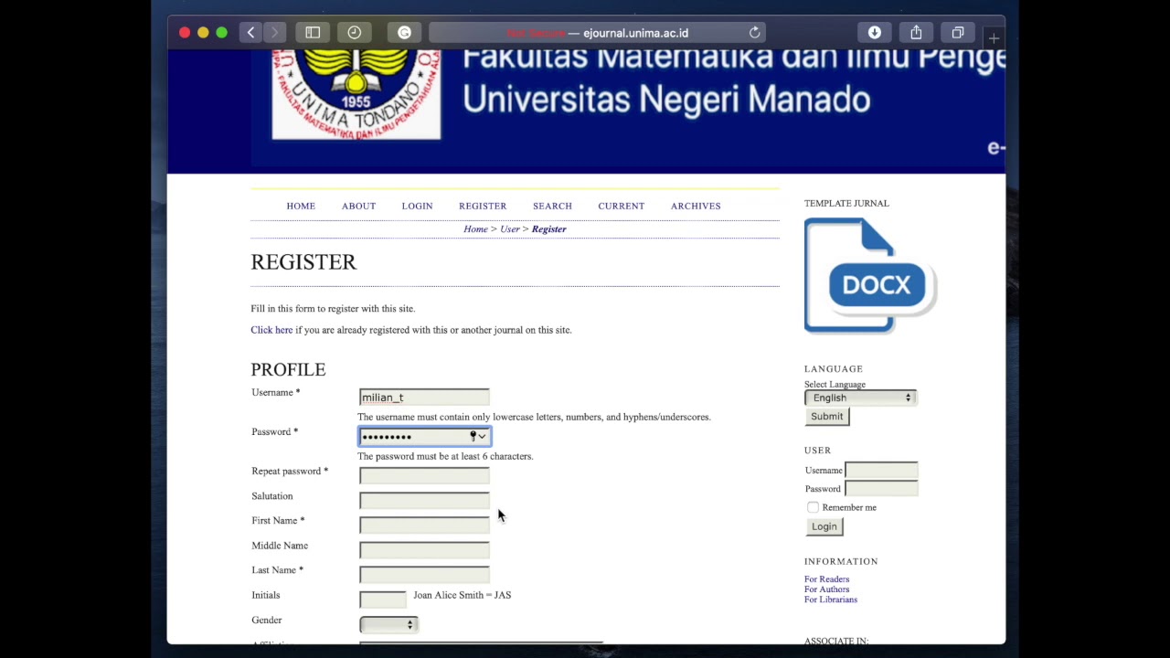 Membuat akun pada Ejournal JSME FMIPA UNIMA OJS 2