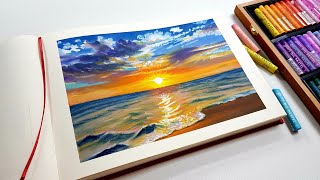 Oil pastel Drawing Sunset Sea seascape / Oil pastel Landscape Clouds Sky /Swanee art