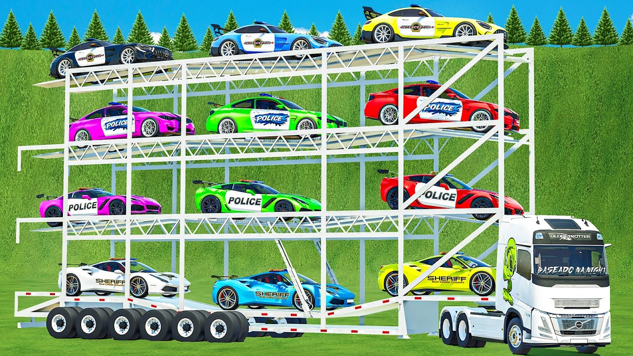 DELIVERING QUADRUPLE TRAILER POLICE CORVETTE, BMW, FIRE DEPARTMENT! FS 25