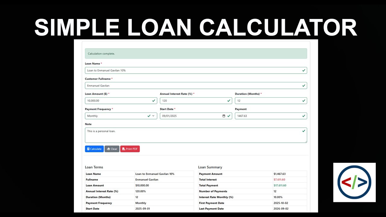 Simple Loan Calculator System - YouTube