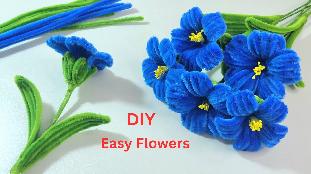 Как сделать простые цветы из ершика для чистки трубок | Синий букет цветов.