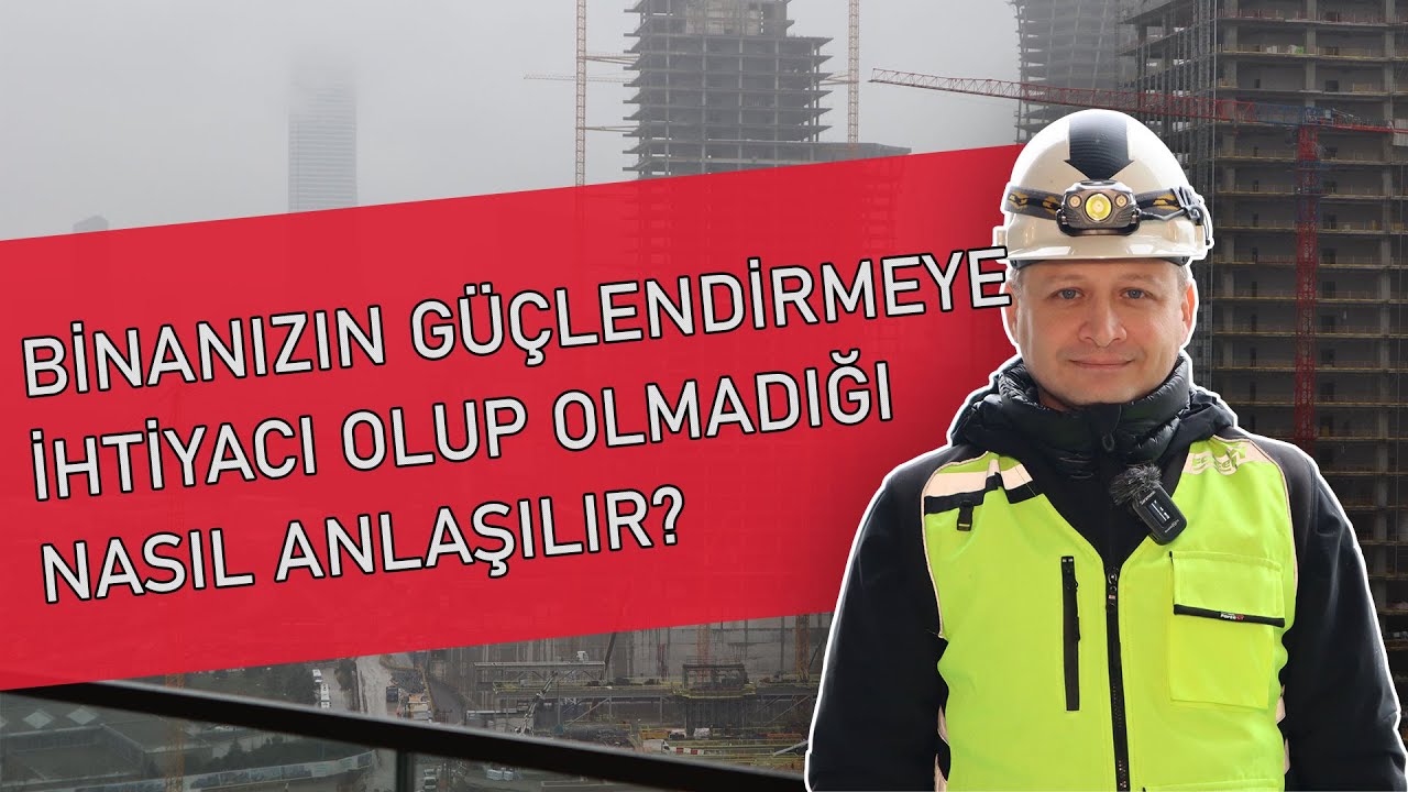 Kask ve yelek giymiş bir mühendis, inşaat hâlindeki yüksek binaların önünde; kapakta videonun başlığı yazıyor