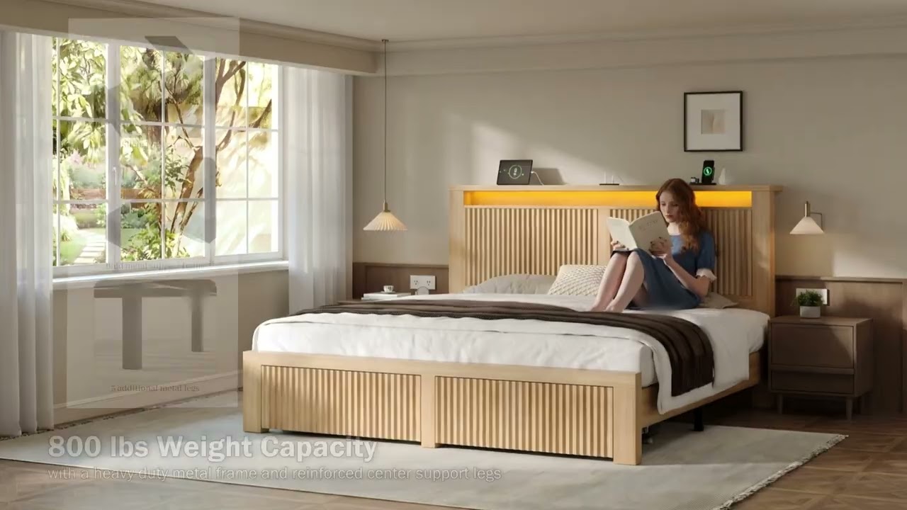 Snhomee Wood Fluted Platform Bed Frame with 2 Storage Drawers, LED Storage Headboard & Charging Station, 800 lbs Support, No Box Spring Needed