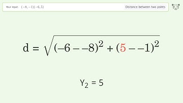 Find the distance between two points p1 (-8,-1) and p2 (-6,5): Step-by-Step Video Solution