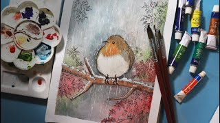 Winter bird drawing Watercolor drawing Landscape drawing