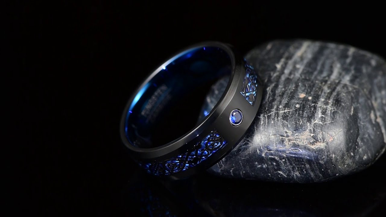 Men's Black Celtic Dragon Tungsten Carbide Ring with Blue Carbon Fiber Inlay-8mm