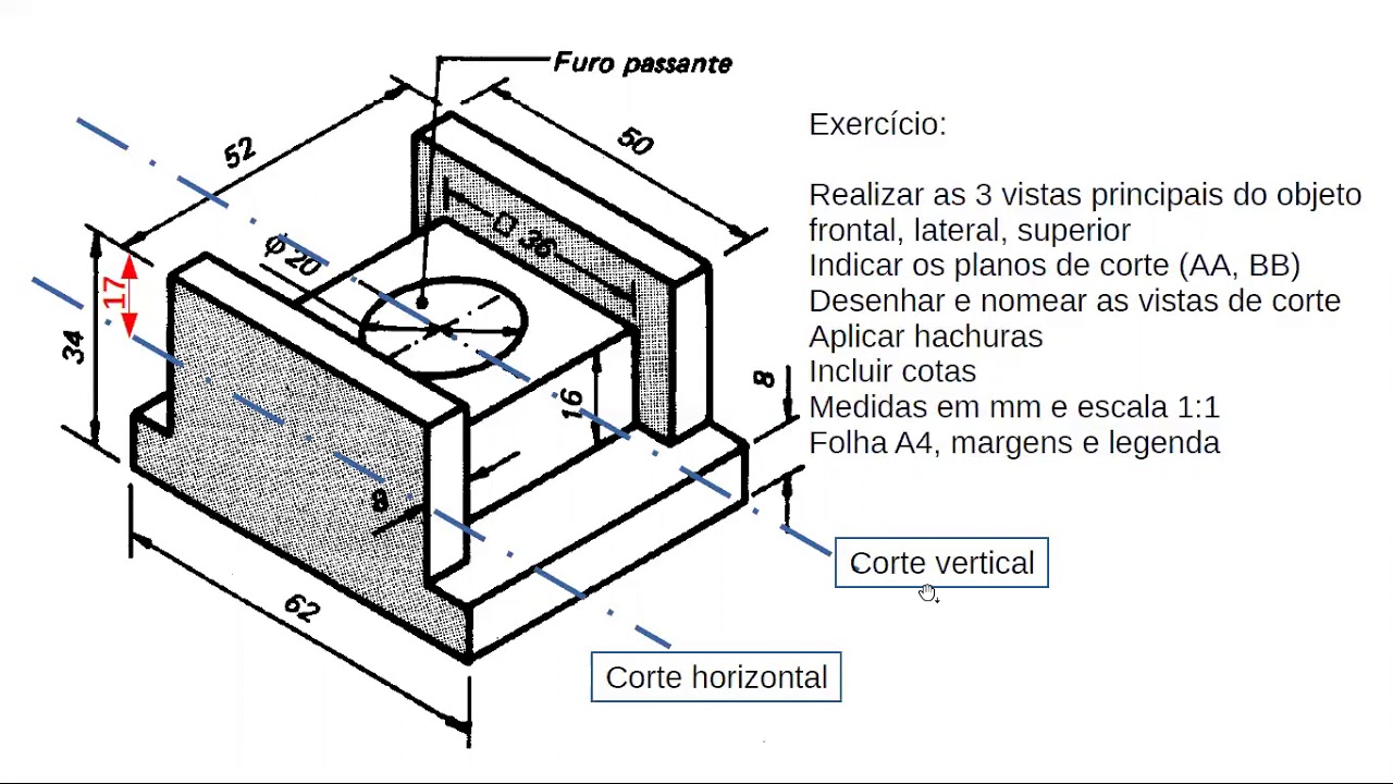 Desenho técnico: exercício vistas em cortes com hachuras - YouTube