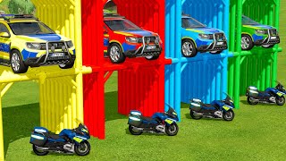 POLICE CARS OF COLORS ! TRANSPORTING  POLICE MOTORBIKE WITH DACIA DUSTER !  Farming Simulator 22 !