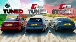 Alfa Giulia QV Stage 1 (610 HP) vs Audi RS3 Stage 1+ (560 HP) vs Audi RS3 (400 HP) - DRAG RACE Alfa Romeo Giulia Quadrifoglio Stage 1