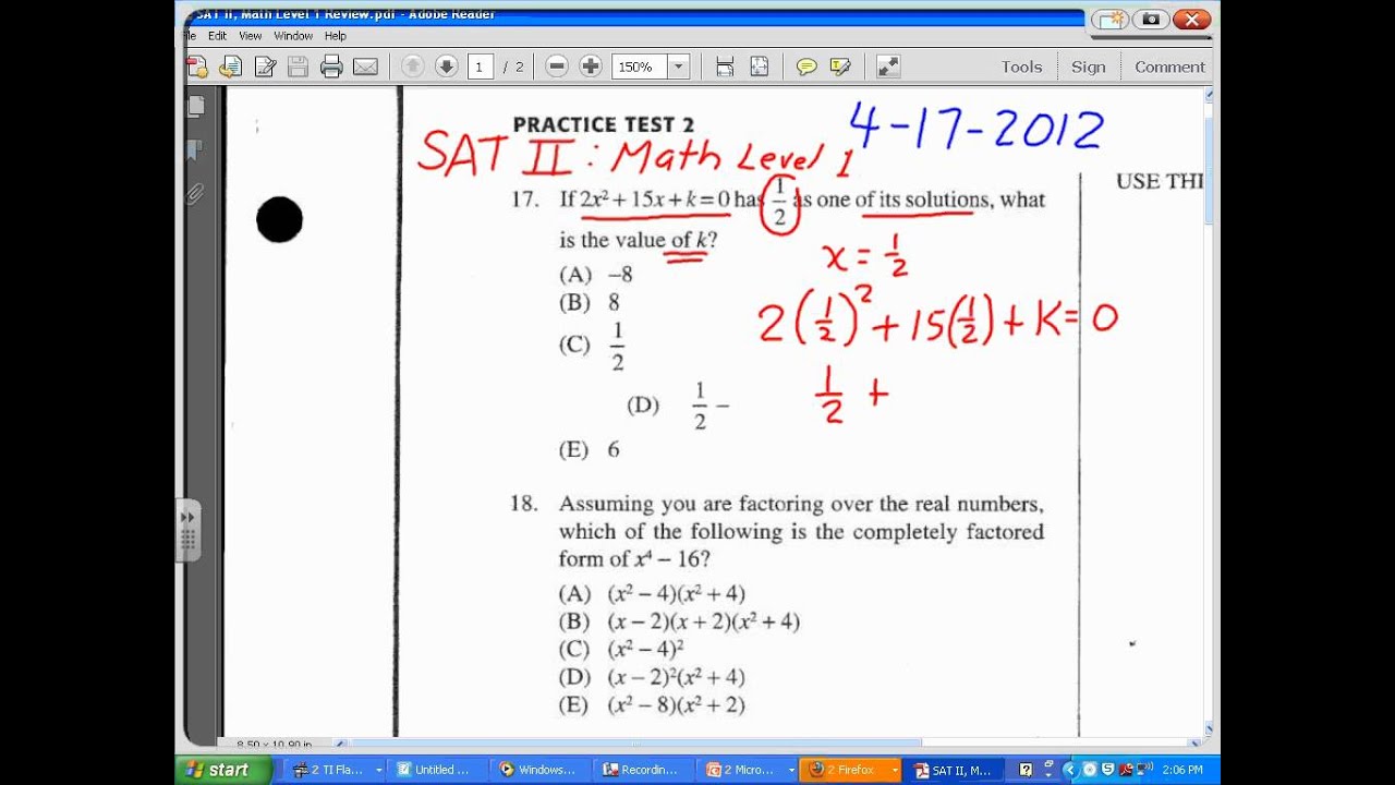 SAT II Math: Find k in a quadratic equation given one solution