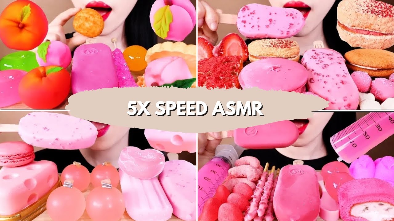 5X SPEED ASMR! 💖 All Pink & Peach Dessert Mukbang | Crunchy Jelly, Ice Cream, & Macarons