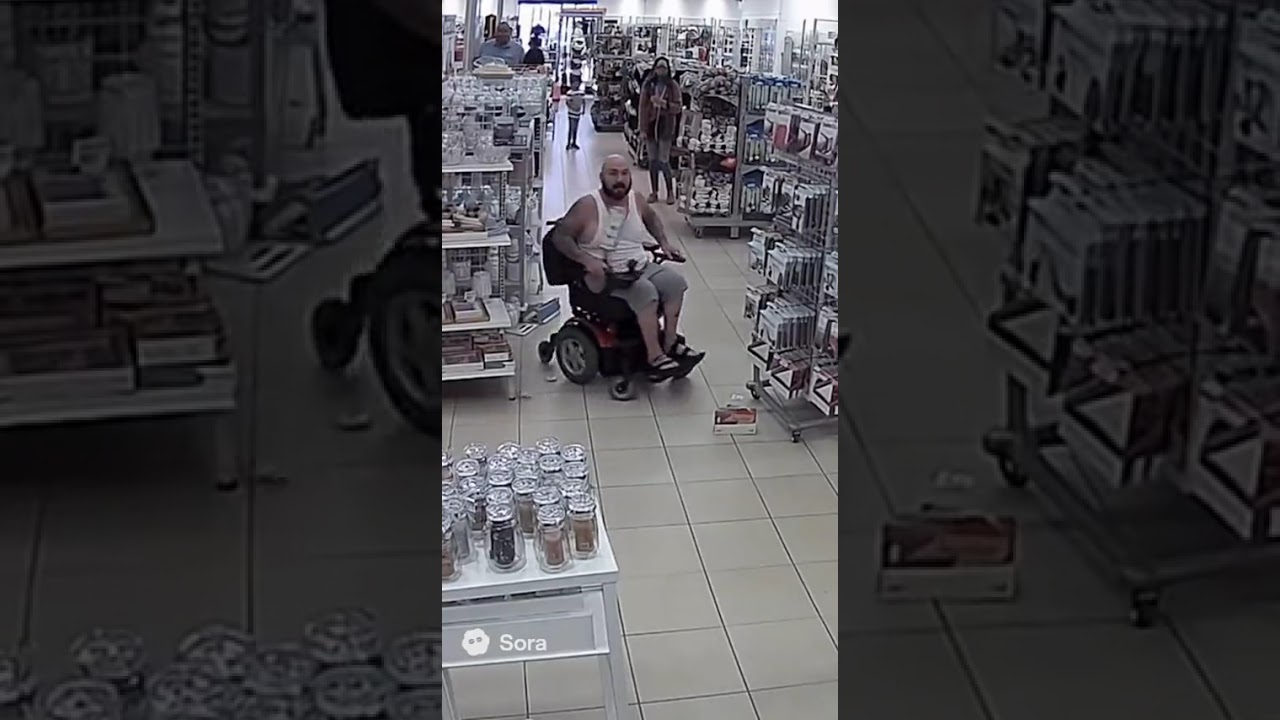😱🛒 CCTV in USA Mall: Obese Man in Wheelchair Goes Crazy! Smashes Everything Inside! 💥