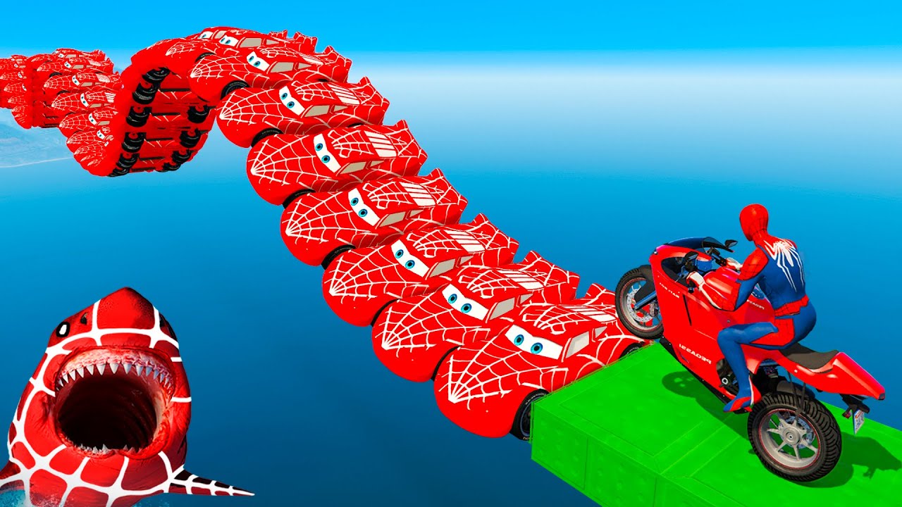 Superheroes on Motorcycle in Curved Spider MCQUEEN Bridge in GTA 5