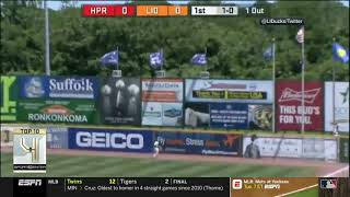 Daniel fields robs myles schroder of a home run to right field in the
ducks game against high point rockers on june 9, 2019. play has been
chosen as ...