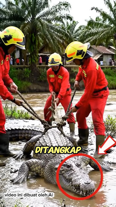 Pemadam Kebakaran Angkat Buaya Raksasa ke Truk – Suasana Menegangkan di Pinggir Sungai