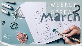 ⋆🌱˖ March WEEKLY SPREAD 2! ASMR Bullet Journal Setup (Totoro, Studio Ghibli, Relaxing)