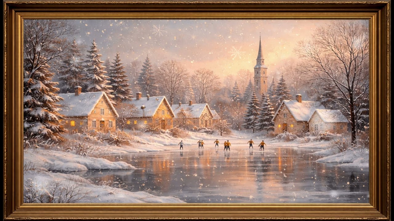 Warm Lights in a Snowy Village, Vintage Impressionist Oil Painting | Framed TV Art Screensaver