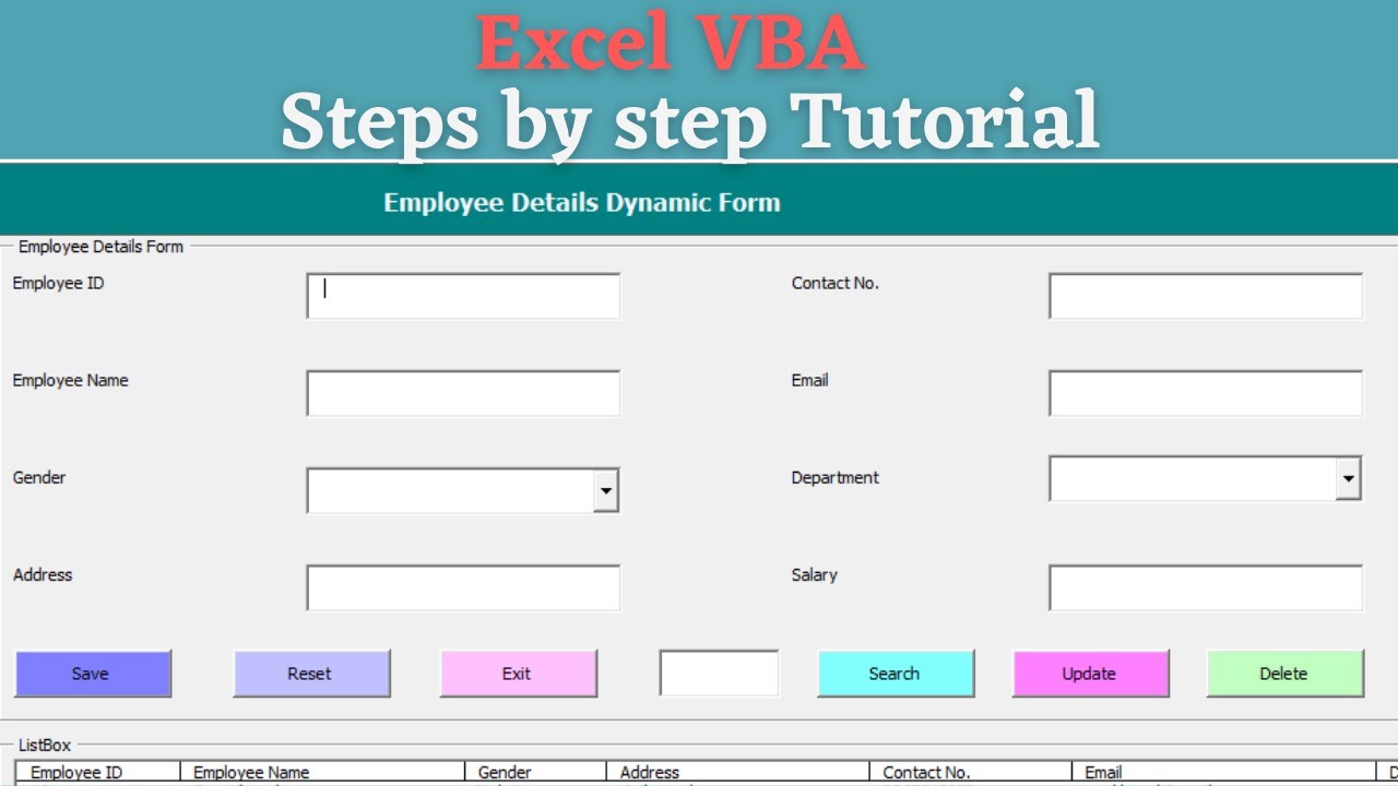 Update New Excel VBA UserForm | Add Data | Reset | Exit | Search | Update | Delete |