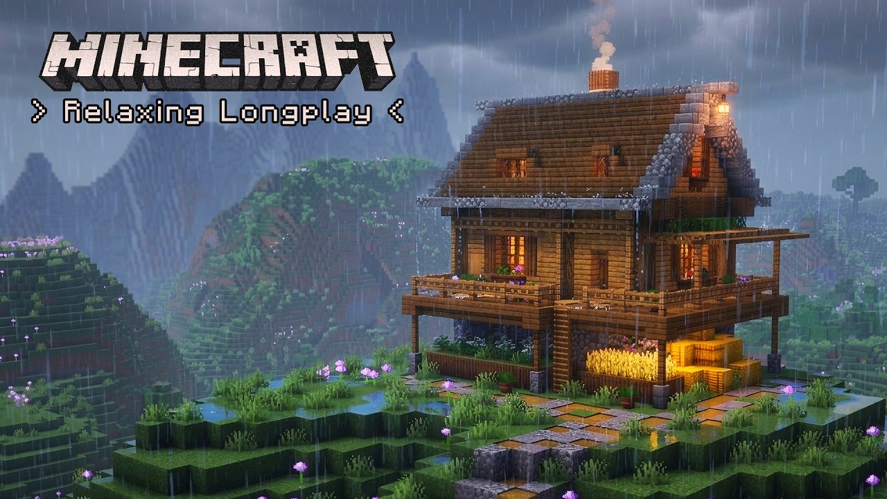 Minecraft Relaxing Longplay | Rainy Flower Mountain - Cozy Starter House | No Commentary