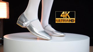 Elegant Low Heels: Silver Ballet Shoes & White Silk Stockings