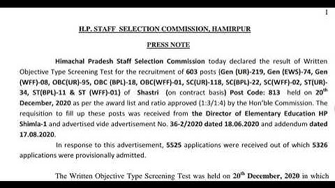 HPSSC/HPSSSB Declared Written Test Result || Post Code 813 || SHASTRI || Written Test held on 20 Dec