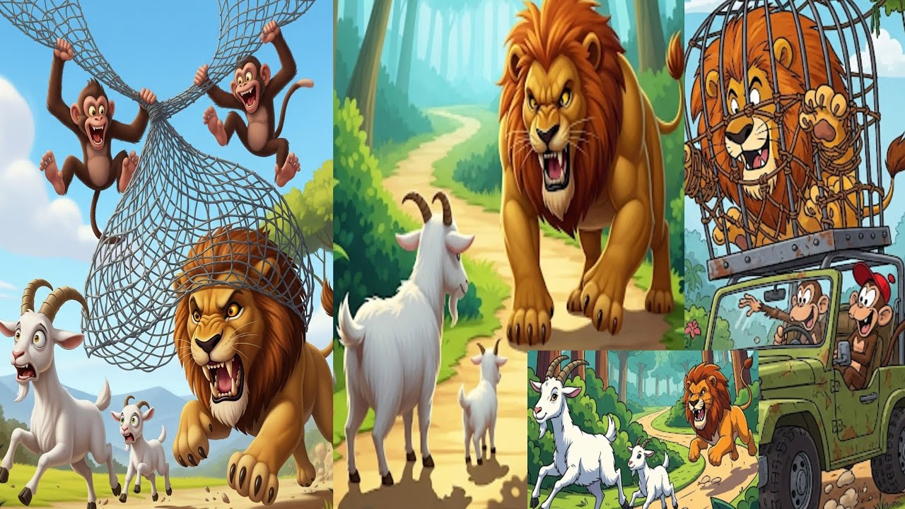 Cartoon vedio|Lion🦁Attack on Goat and his Baby 🐥but Monkey 🐒 helped the 🐐and his Baby|