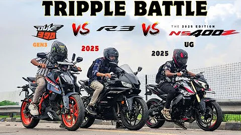 2025 PULSAR NS400Z UG..VS..2025 YAMAHA R3..VS.. KTM DUKE 390 GEN3!! TRIPLE BATTLE☠️MAHAMUKABALA😱😈
