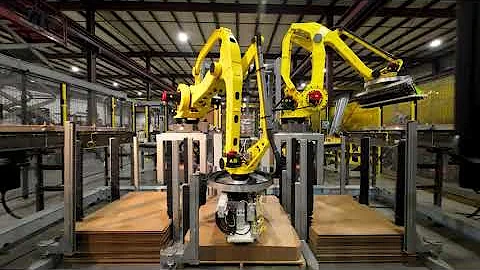 Kaufman Dual KPal V Robotic Palletizing System with KForce R35 Stretch Wrapper