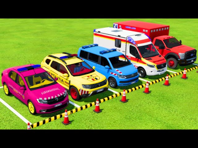 DACIA, VOLKSWAGEN POLICE CARS u0026 MERCEDES, FORD AMBULANCE VEHICLES TRANSPORTING WITH TRUCKS ! FS22 class=