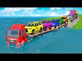 Triple Flatbed Trailer McQueen Transportation with Truck - Speedbumps vs Cars vs Train - BeamNG #101