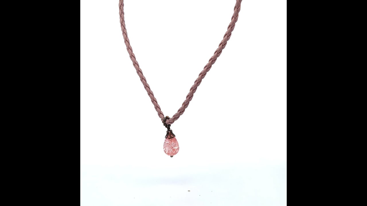 Exquisite Light Pink Braided Leather Cord with Pink Drop Stone Necklace