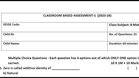 8th class CBA-1 (FA-1) Maths Question Paper 2023-24💯✍️☑️