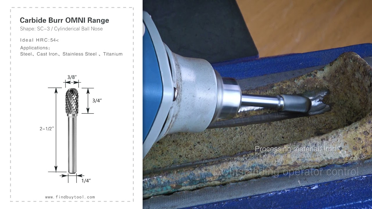 Carbide Burr SC-3 Cylinderical Ball Nose OMNI Range Head D 3/8 x 3/4L, 1/4 Shank, 2-1/2 Inch Full Length