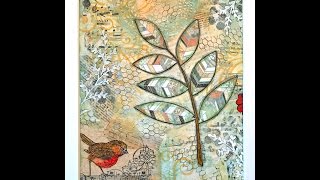 Mixed Media Collage  Leaves & Bird