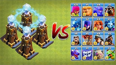 4x max Hidden Tesla Vs All Troops Clash of Clans