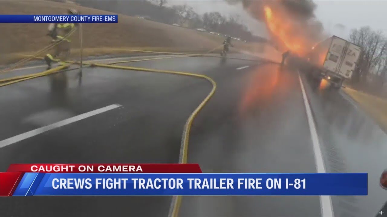 Crews battle tractor-trailer fire on I-81 in Montgomery County - YouTube