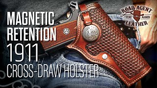 Making a 'Magnetic Leather' Retention 1911 Cross Draw Holster ASMR Leathercraft