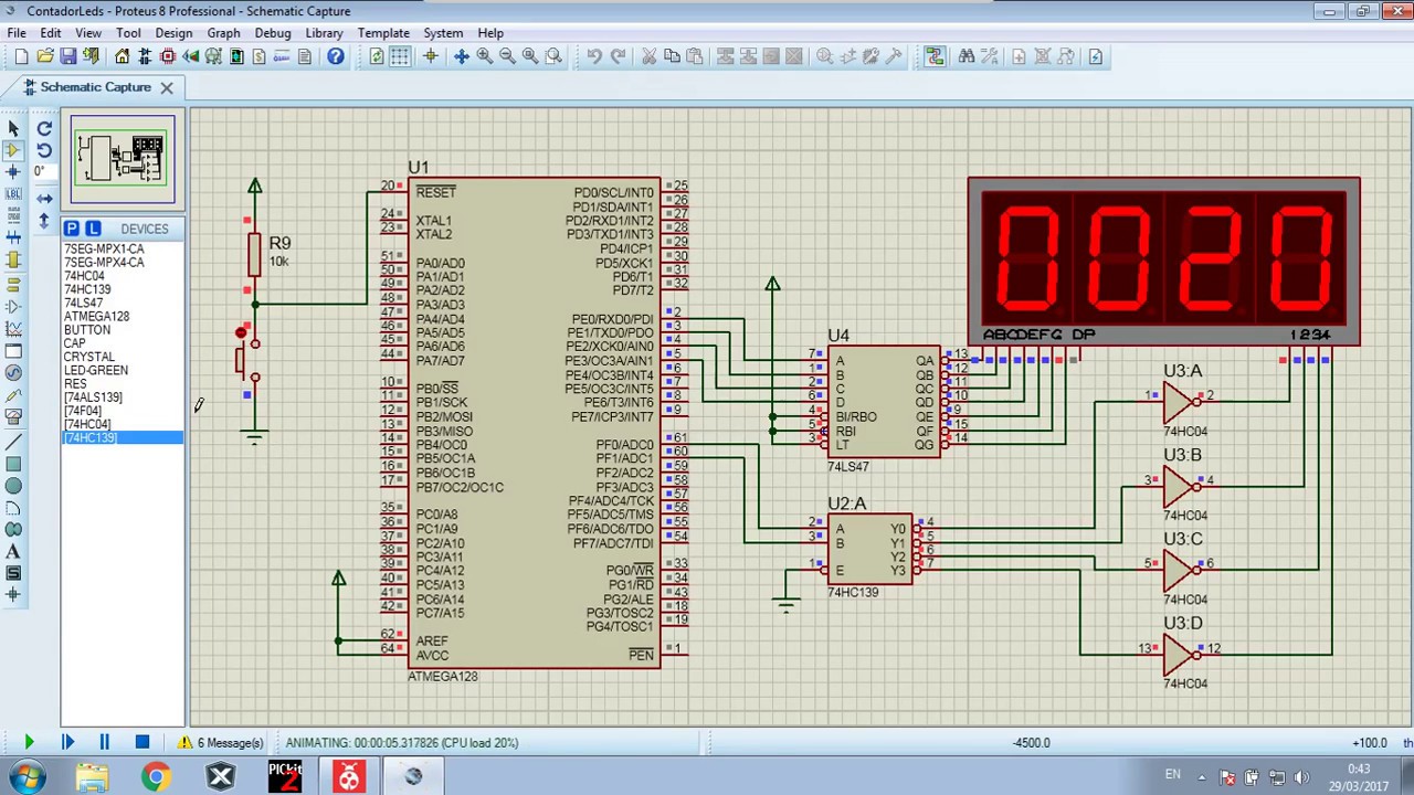 Proteus, decoder 7447, display 7 segmentos - YouTube