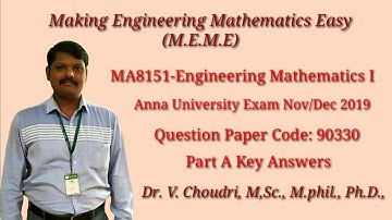 Solution of Engineering Mathematics I Anna University QP Nov/Dec 2019 (Part A)