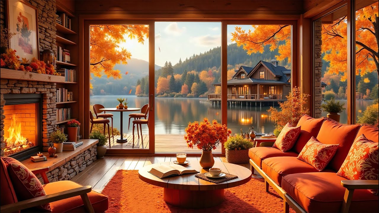 Cozy Autumn Lake Cabin 🍂 Relaxing Piano & Fireplace Ambience for Focus ...