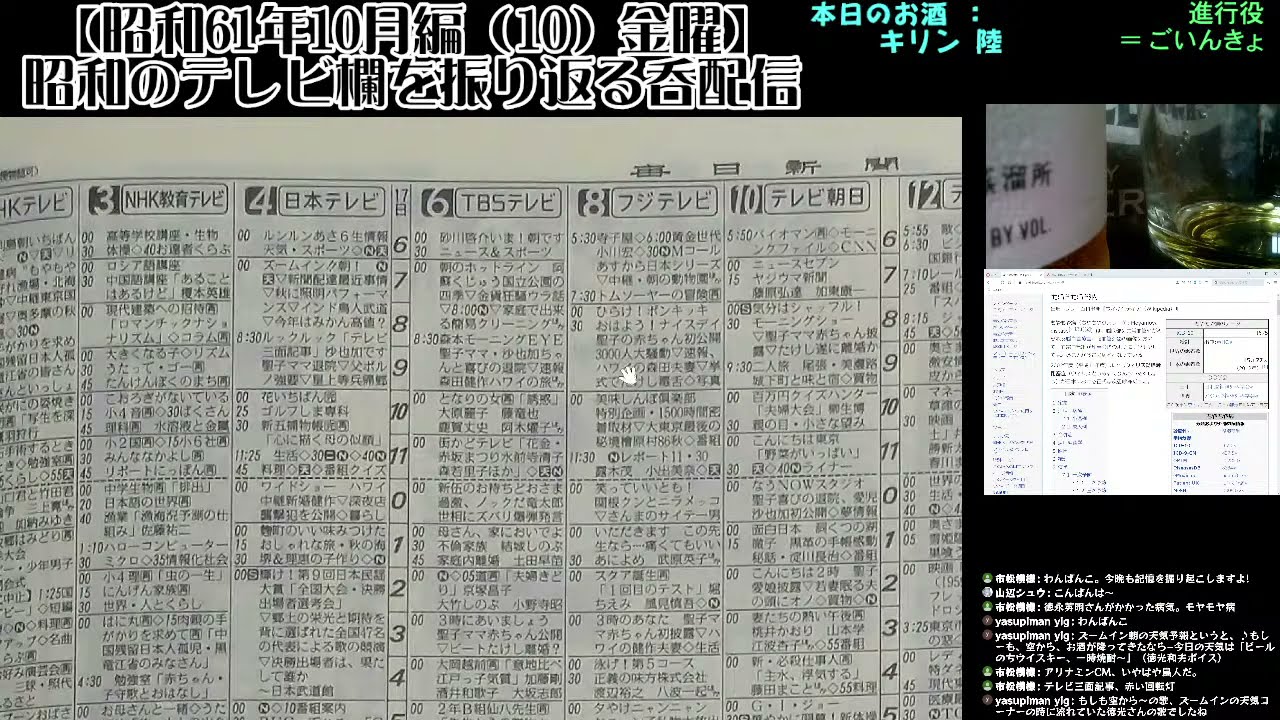 昭和61年10月編（10）金曜】昭和のテレビ欄を振り返る呑配信 - YouTube