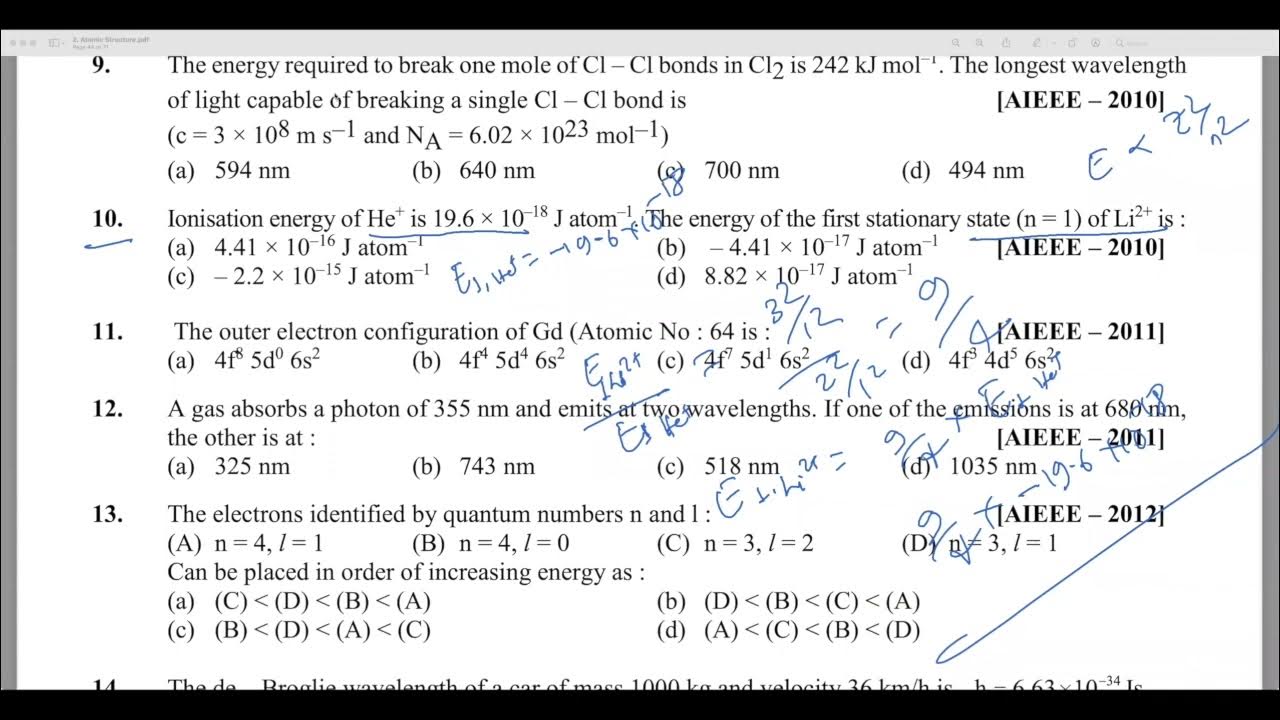 Exercise PYQ JEE Mains I Part1 I Doubts Solution Atomic Structure I