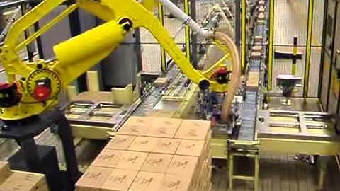AXYMATIC Palletizing boxes from 2 lines.