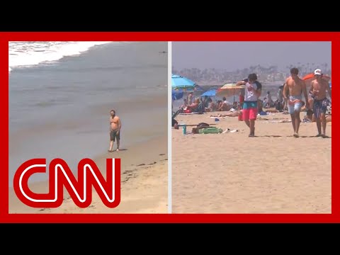 Contrasting images as some California beaches reopen