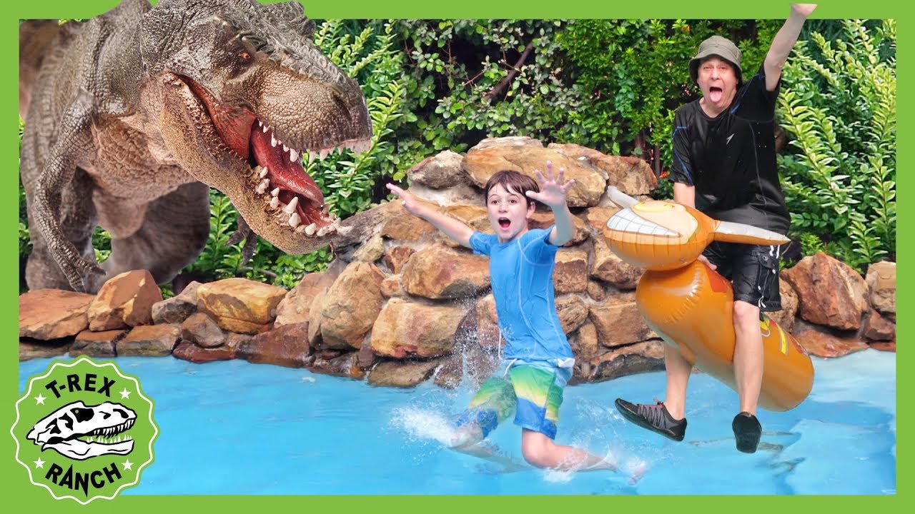family friendly resorts Giant T-Rex Dinosaur at the Pool! Dinosaurs for Kids Showdown with Water Inflatables & Bubble Toys