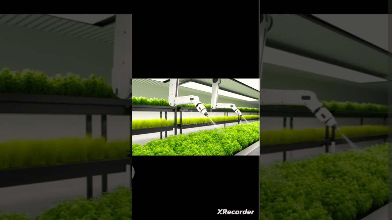 Smart robotic farmer spraying fertilizer on vegetable green plants, Agriculture technology,