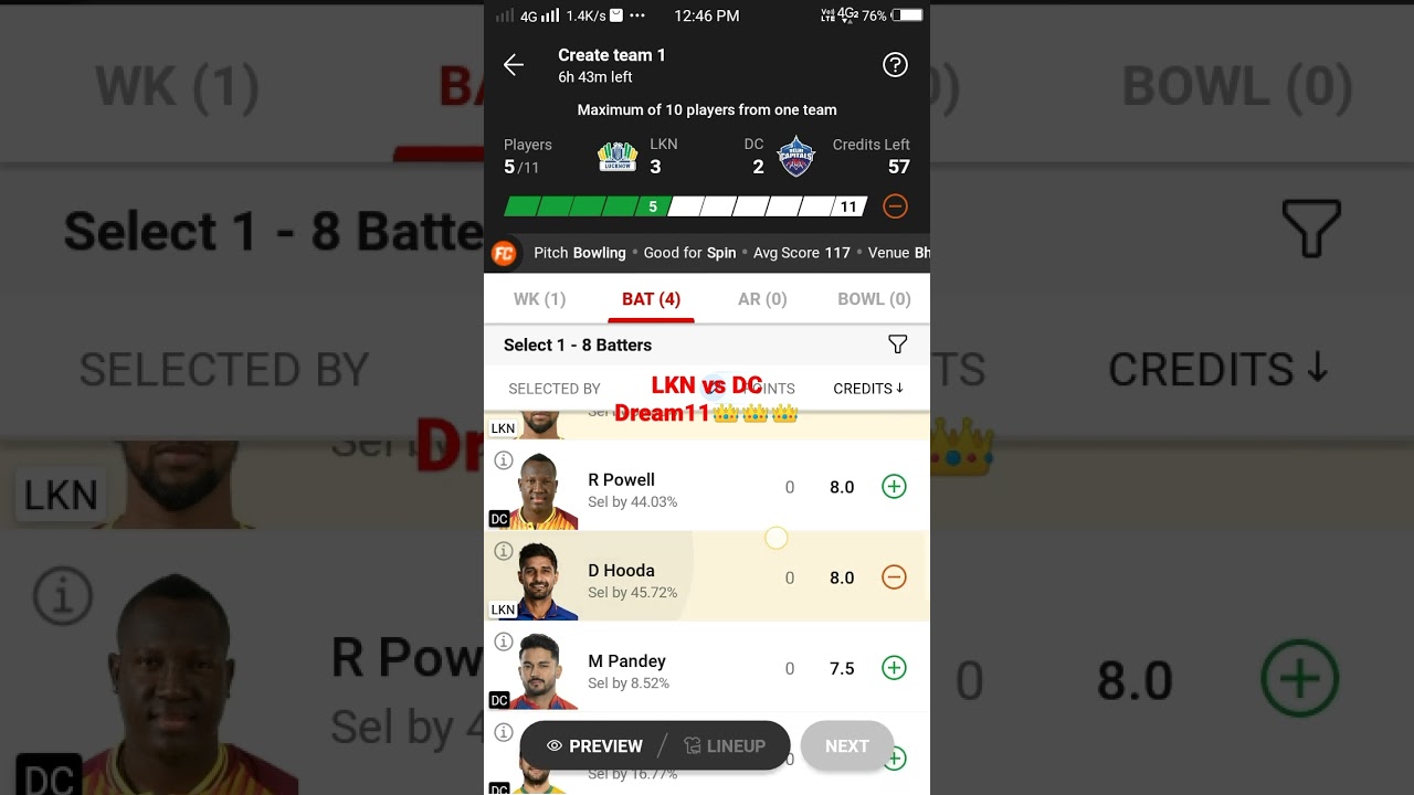 LKN VS DC dream11 team। LKN vs DC dream team । LKN VA DC dream 11 today match prediction।