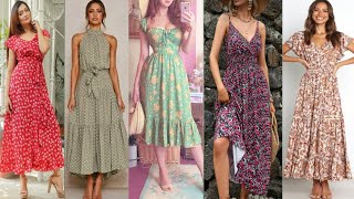 Elegent Midi Vestidos Moda Mujers 2024 l Floral Print Vintage Style Outfits Midi Dresses Design 2024