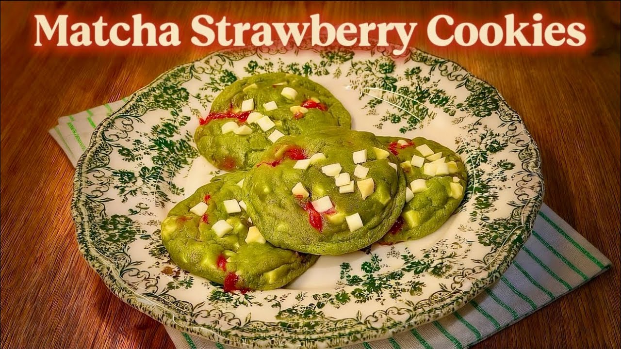 Strawberry Matcha Cookies with Gooey Center 🍓🍵